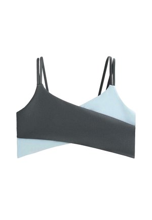 Asymmetrisk croptop med dobbelte tynde stropper, der har overlappende paneler af sort og lyseblåt stof.