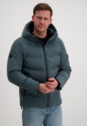 Padded teal winterjack met een capuchon, een rits aan de voorkant en een logo-opdruk op de mouw. Heeft zijzakken en een slim fit ontwerp.