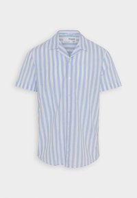 Koszula lniana z krótkim rękawem w pionowe białe i jasnoniebieskie paski, z zapięciem na guziki z przodu.