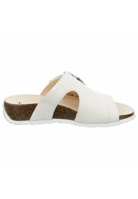 White leather slide sandal with open toe, cross straps, and cork midsole. Features a decorative accent on the upper and rubber outsole.