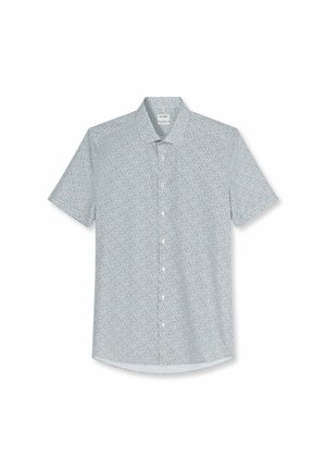 Chemise à manches courtes boutonnée, petit col et tissu gris clair avec un motif dispersé subtil.