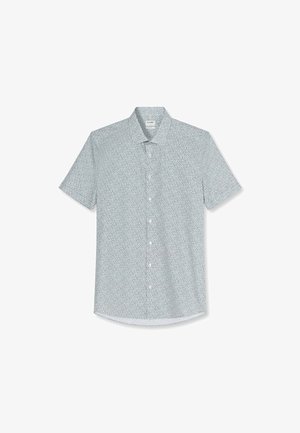 Korte mouw blouse met knopen, kleine kraag en lichtgrijze stof met een subtiel verspreid patroon.