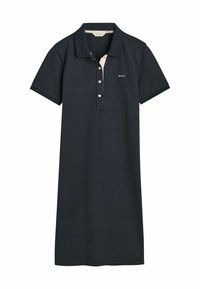 Námořnická modrá polo šaty, vyrobené z bavlny, s krátkými rukávy, knoflíkovou légou a kontrastním límcem. Jednoduchý design bez vzorů nebo akcentů.