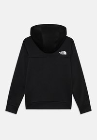 Black hooded sweatshirt made of a smooth fabric, featuring a small white logo on the upper back and ribbed cuffs and hem.