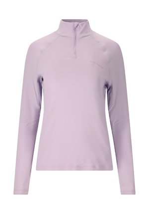 Lichtpaars atletisch shirt met lange mouwen, kwart-ritskraag en ademende mesh panelen onder de armen.