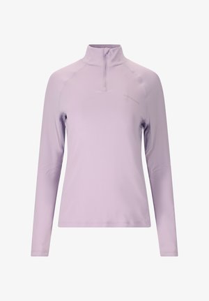 Lichtpaars atletisch shirt met lange mouwen, kwart-ritskraag en ademende mesh panelen onder de armen.