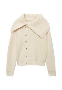 Creme cardigan lavet af struktureret strikstof, med en bred krave, ribbede manchetter og syv runde knapper down foran.