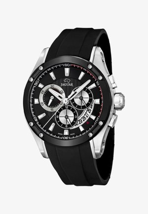Schwarze Gummiband-Uhr mit einem Gehäuse aus Edelstahl. Das schwarze Zifferblatt hat silberne und rote Akzente, Chronographen-Subzifferblätter und weiße Stundenmarkierungen.
