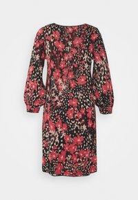 Robe noire longueur genou avec manches longues bouffantes, ornée d'un motif floral rouge et léopard beige.