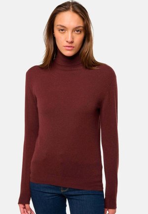 Pull à col roulé bordeaux en matériau doux, avec des manches longues et une coupe ajustée, doté d'un col et d'un ourlet côtelés.