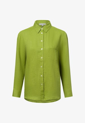 Green linen shirt with a button-up front, long sleeves, a collar, and a single chest pocket. Features light-colored buttons.