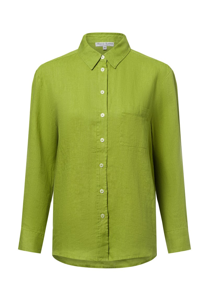 Green linen shirt with a button-up front, long sleeves, a collar, and a single chest pocket. Features light-colored buttons.