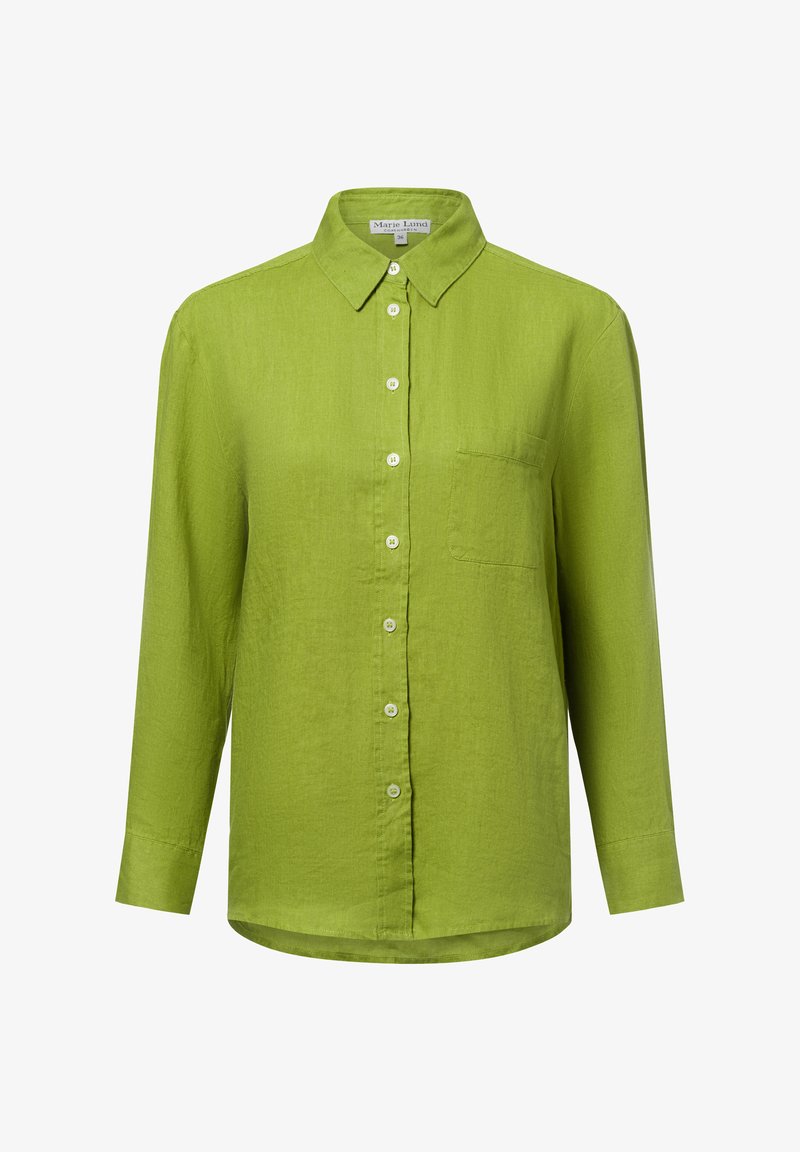 Green linen shirt with a button-up front, long sleeves, a collar, and a single chest pocket. Features light-colored buttons.