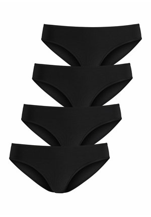 Vier paar zwarte bikini-onderbroekjes gemaakt van zachte, geribbelde stof met brede, comfortabele taillebanden en een minimalistisch ontwerp.