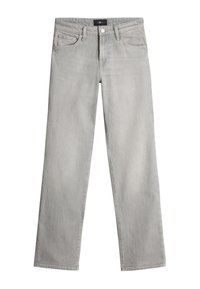 Light gray denim jeans feature a straight-leg design, two front pockets, and a button closure with a standard waistband.
