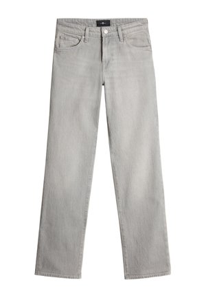 Os jeans de denim cinza claro apresentam um design de perna reta, dois bolsos frontais e um fecho de botão com uma cintura padrão.