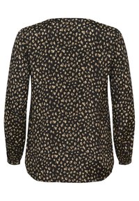Black long-sleeve blouse featuring a leopard print pattern in beige and brown tones, made from lightweight, textured fabric.