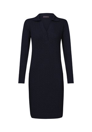 Robe longue en tricot torsadé bleu marine à manches longues, avec un col, un décolleté en V avec boutons et un ourlet côtelé.
