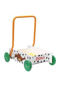 Trælegetøjsvogn med et hvidt og sort prikket design, orange håndtag, grønne hjul og et indvendigt gult rum mærket "Pippi."