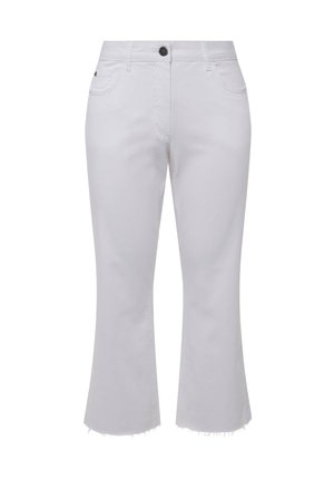 Witte denim palazzobroek met een knoopsluiting, vijf zakken en rafelige zoomdetails. Soepele textuur en gestructureerde pasvorm.