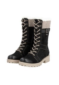Black lace-up boots with a wool upper, faux fur collar, and textured rubber outsole; features a decorative buckle and gray laces.
