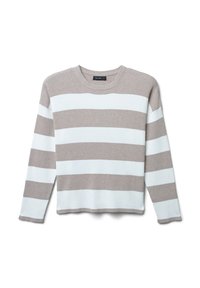 Gestreifter Pullover mit abwechselnd hellblauem und beigem Rippmuster, Rundhals, langen Ärmeln und einem cropped Saum. Glatte Textur.