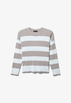 Gestreifter Pullover mit abwechselnd hellblauem und beigem Rippmuster, Rundhals, langen Ärmeln und einem cropped Saum. Glatte Textur.