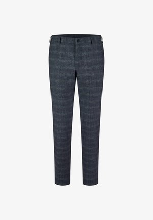 Donkerblauwe geruite broek van gestructureerde stof, met een knoopsluiting en riemlussen; getailleerde pasvorm met rechte benen.