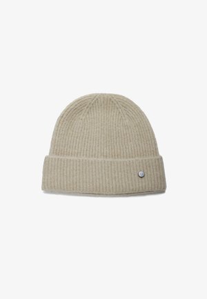 Beige knit beanie with a ribbed texture, fold-over cuff, and a metallic logo accent. Made from soft wool material.