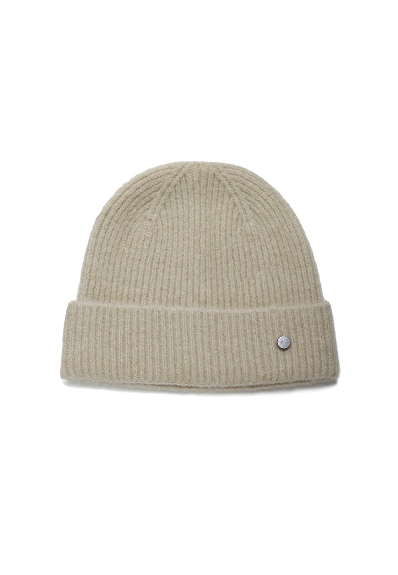 Berretto a maglia beige con texture a coste, risvolto e accento in metallo con logo. Realizzato in morbido materiale di lana.