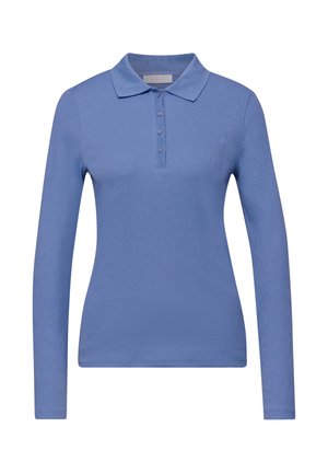 Polo à manches longues bleu avec un col et une patte de boutonnage à l'avant ornée de quatre petits boutons en forme de cœur.
