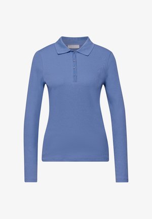 Blauw poloshirt met lange mouwen, een kraag en een voorzijde met een knooplijst met vier kleine knopen in de vorm van hartjes.