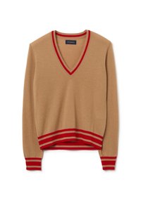 Suéter de cuello en V marrón con ribete de rayas rojas y blancas en el cuello y el dobladillo. Textura suave, manga larga y ajuste moderno.