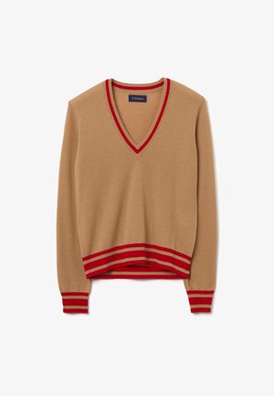 Maglione beige a V con rifiniture in ribbing rosso e bianco sul colletto e sull'orlo. Texture morbida con maniche lunghe e vestibilità moderna.