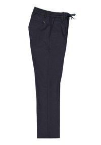 Navy blue casual pants with elastic waistband and drawstring, side pockets, and straight leg cut, shown folded flat.