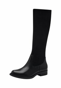 Black knee-high boot with a smooth leather toe and heel, contrasted by a soft fabric shaft; minimalistic design with a low stacked heel.