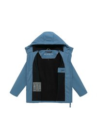 Sininen hupullinen takki mustalla vuorauksella, sivutasku ja merkkilappu "MARIKOO" sisäkauluksessa.