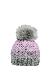 Knitted winter beanie with pink and gray stripes, topped with a large fluffy gray pom-pom.