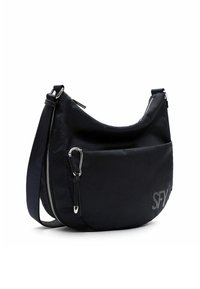 Borsa a spalla in nylon nero, forma curva, chiusura con zip, dettagli in metallo argentato, logo sul lato, tracolla regolabile. Superficie testurizzata.