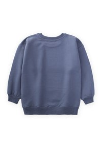 Felpa in pile di colore blu scuro, caratterizzata da un collo rotondo, maniche a palloncino lunghe e polsini e orlo a costine per una vestibilità aderente.