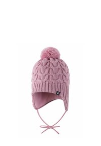 Knitted pink hat with a cable pattern, a large pom-pom on top, and earflaps. Features ties for secure fitting and a soft lining.