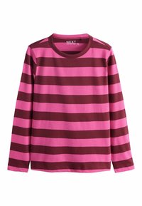 Rozā un tumši brūnu svītru garenraksts krekls. Izgatavots no kokvilnas ar apaļu kakla izgriezumu un gludu tekstūru.