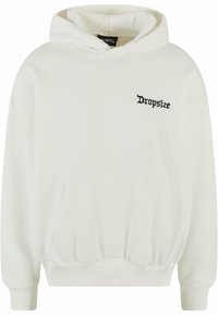 Haut à capuche blanc en tissu doux, avec une poche kangourou, des bords côtes aux poignets et un logo noir brodé sur la poitrine gauche.