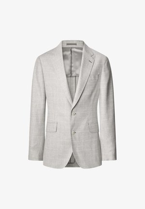 Blazer gris claro con un patrón de cuadros, dos botones, solapas de muesca y bolsillos laterales. Interior forrado en una tela suave.