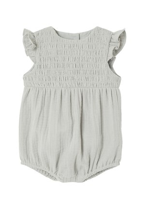 Hellgrauer ärmelloser Baby-Strampler mit gerafftem Oberteil und Rüschen an den Schultern, am Beinabschluss gerafft.