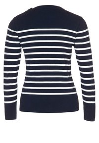 Maglione a maniche lunghe a righe navy e bianche. Texture a costine, scollatura rotonda e design aderente. Realizzato in materiale morbido e elasticizzato.