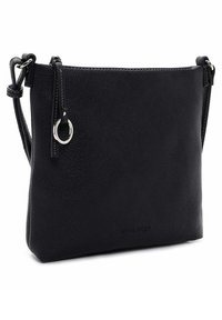Borsa a tracolla in pelle nera con superficie testurizzata, chiusura superiore con cerniera e dettagli in metallo argentato. Presenta una tracolla regolabile e un dettaglio con logo.