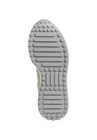 Talpa de sneaker bej deschis cu cauciuc gri texturat, prezentând modele circulare și rectangulare pentru aderență și stabilitate. Mărimea este marcată ca 42.