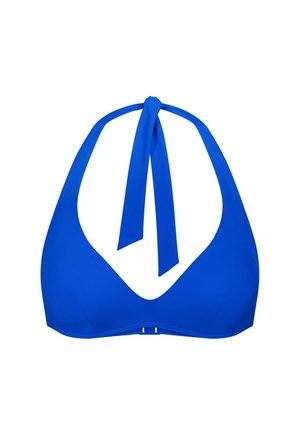 Haut de bikini bleu vif à col halter avec de larges bretelles nouées autour du cou et une fermeture à clip à l'arrière.