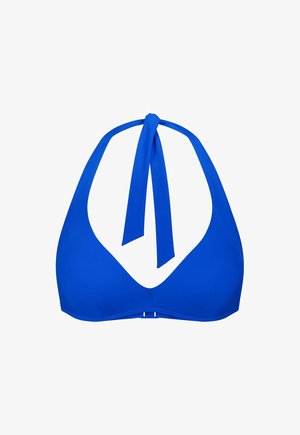 Haut de bikini bleu vif à col halter avec de larges bretelles nouées autour du cou et une fermeture à clip à l'arrière.
